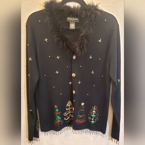 Theme Works By Kikit Sz L  Black Christmas Sweater with Festive Tree Design